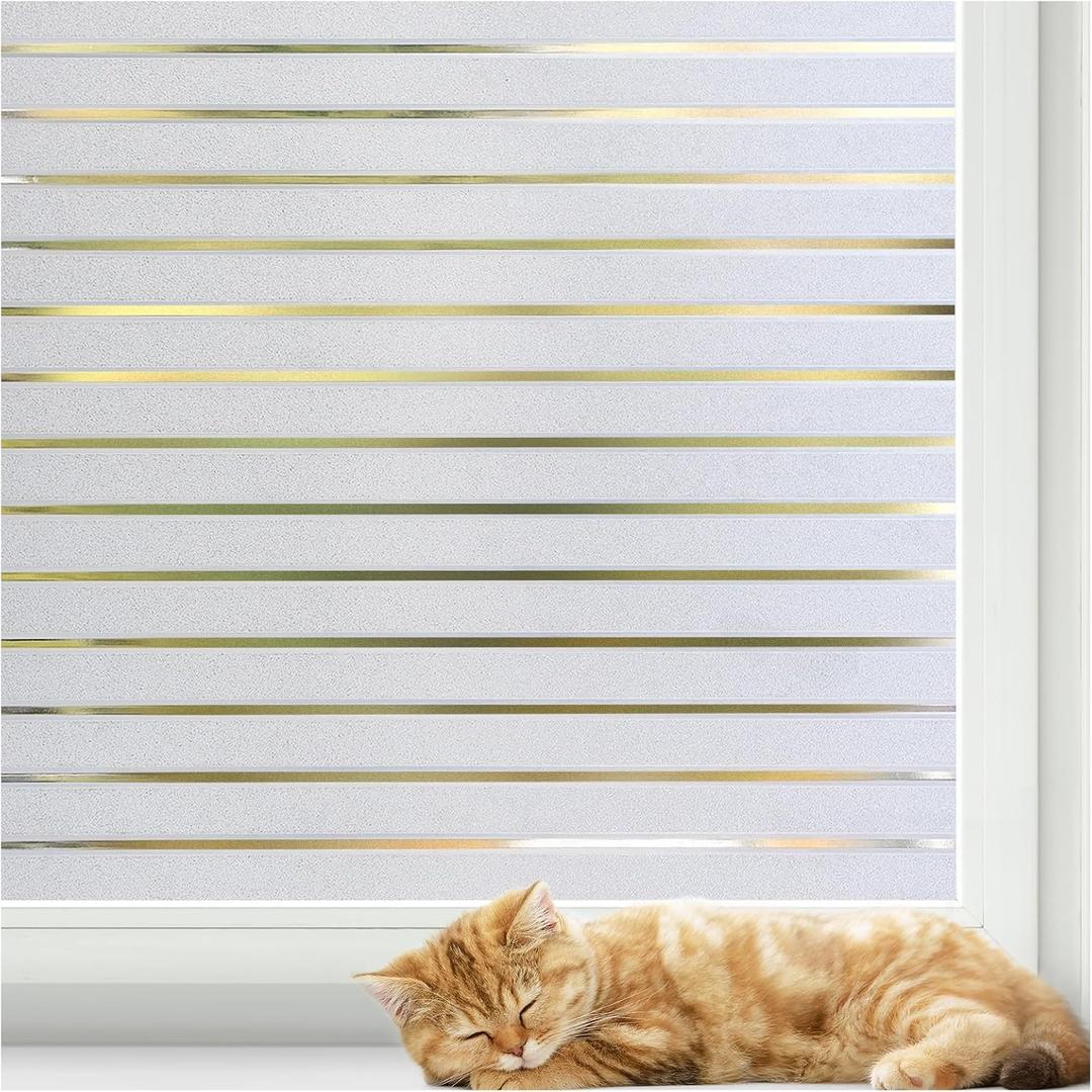 rabbitgoo Window Privacy Film, Frosted Glass Film, Two Way Glass Frosting Cling, Non Adhesive Static Cling Front Door Covering, Anti-UV Reeded Window Blinds Sticker, Striped Pattern, 35.4" x 78.7"