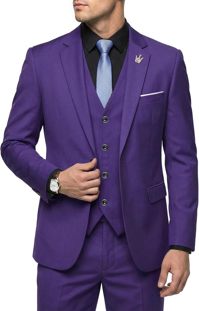 Hihawk Men's 3 Piece Suit Set with Tie, One Button Solid Slim Fit Jacket Vest & Pants, Suits for Mens Wedding Party Business (Purple, XS)