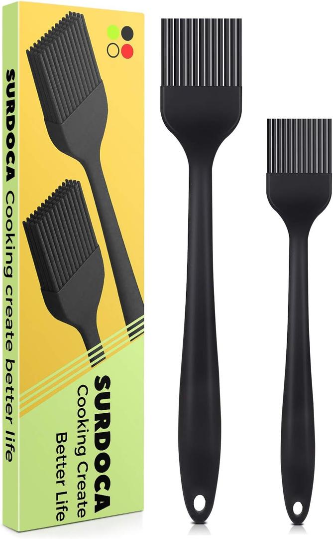SURDOCA Silicone Pastry Basting Brush - 2Pcs 10 + 8 in Heat Resistant Brush for Baking Cooking Food, BPA Free Kitchen Brush for Sauce Butter Oil, Stainless Steel Core Design for Barbecue BBQ Grilling (Black)