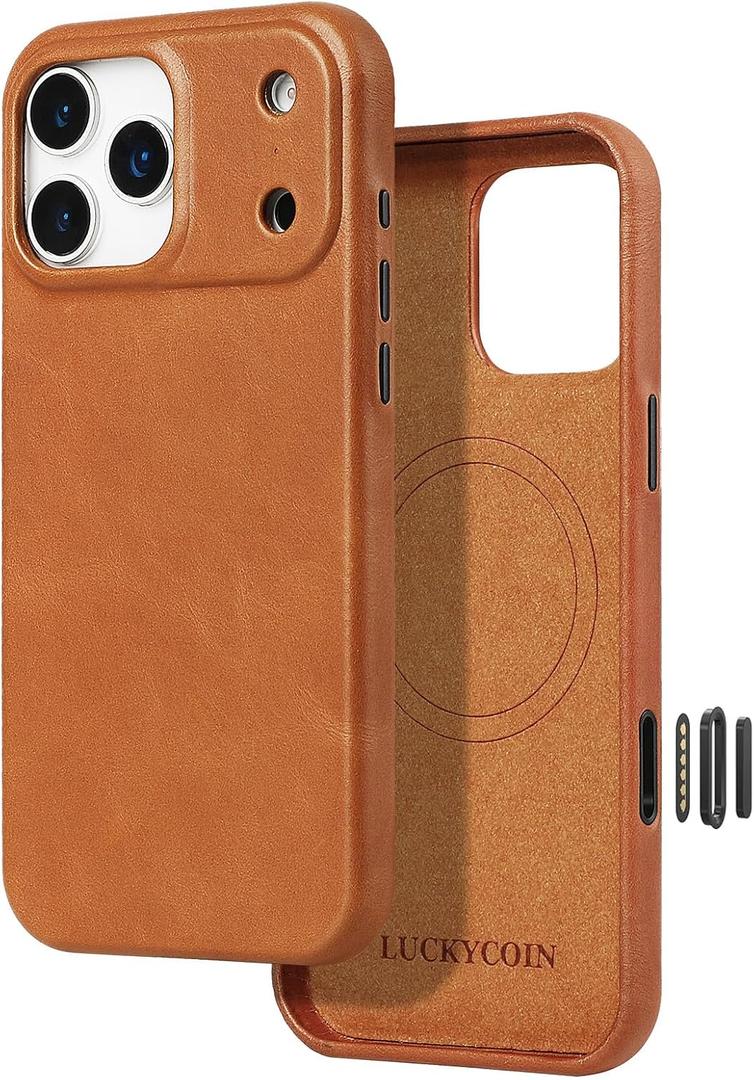 LUCKYCOIN Premium Handcrafted 100% Full-Grain Cowhide Leather Case for iPhone 17 Pro Max 6.9'', Built-in Camera Control Button, MagSafe Compatible, Full Camera Protection, Metal Button, Retro Brown