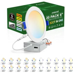 zouzai 20 Pack 6 Inch Ultra-Thin LED Recessed Ceiling Light with Junction Box 5CCT Adjustable Dimmable Can-Killer Downlight - ETL and Energy Star Certified