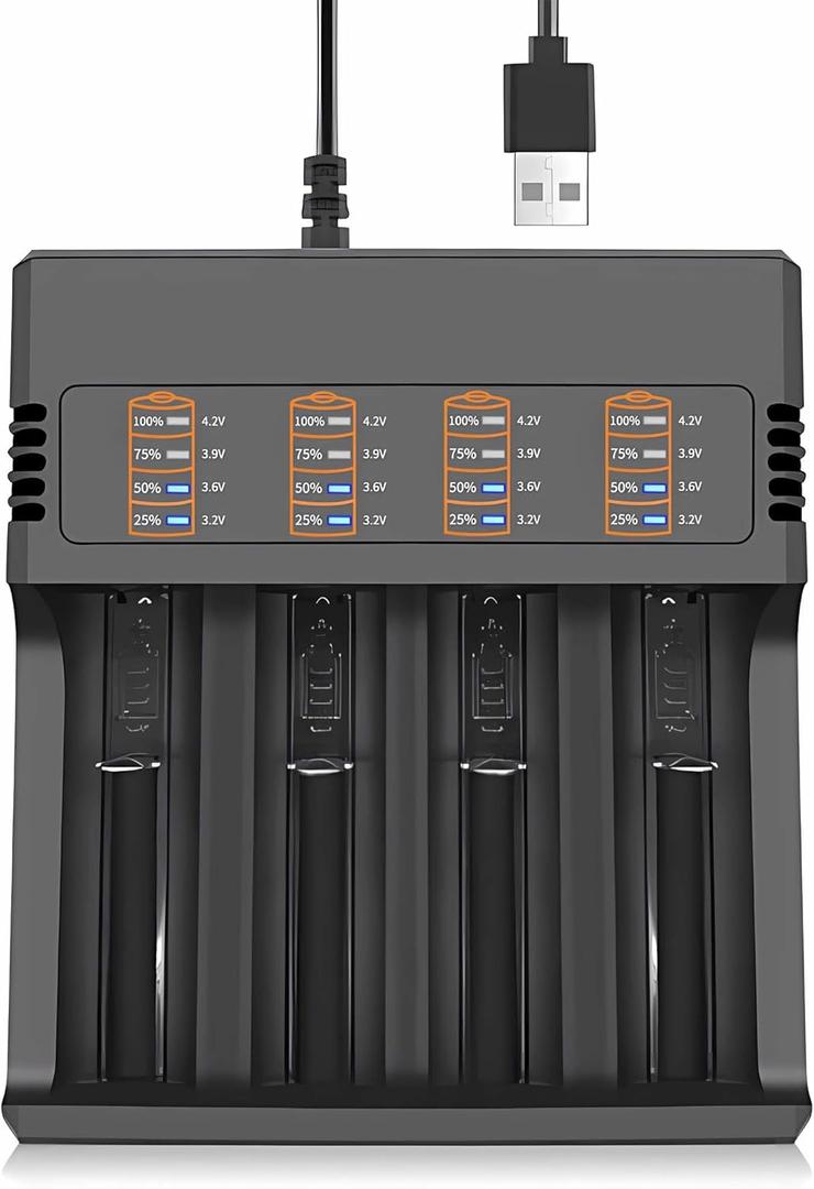 18650 Battery Charger, 4 Bay USB Smart Lithium Battery Charger with Scrolling Display, Compatible with Over 26650/21700/18650/18490/16340/14500/10440 Models, Suitable for 3.7-4.2V Lithium Batteries
