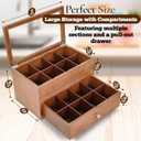 Wooden Tea Bag Organizer with Drawer Tea Storage Box with 16 Compartments, Tea Caddy and Teabag Holder for Countertop or Kitchen Tea Station Display Rustic Wood Tea Organizer