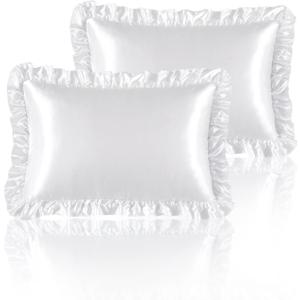 Silky Satin Ruffled Pillow Cases for Hair and Skin,White Silk Pillowcases Queen Set of 2 with Envelope Closure Princess Room Decoration
