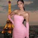Womens Sexy Strapless Bandage Tube Top Mini Dress Mesh Halter Long Sleeves Ruched Bodycon Cocktail Birthday Slim Short Dress (Pink, XL)