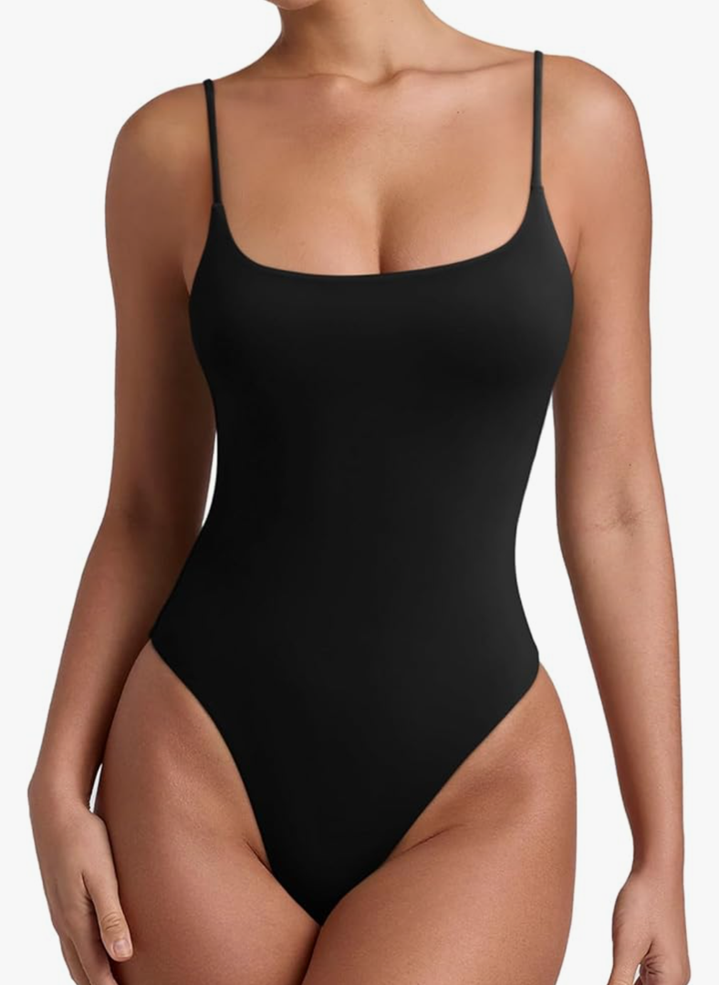 REORIA Women Sexy Cami Square Neck Thong Bodysuit Backless Spaghetti Strap Tank Top Size:S