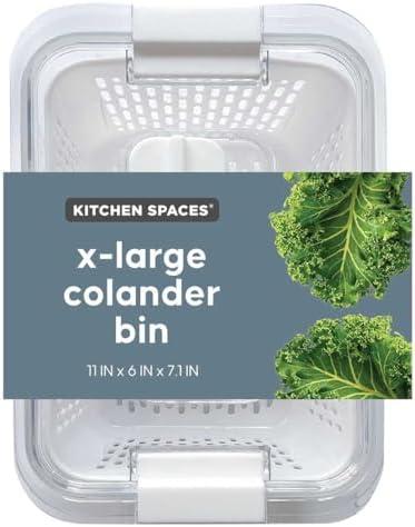 Kitchen Spaces Colander Bin, Produce Saver, Fridge Organizer With Lid, Wash, Strain and Store, Great for Refrigerator, Freezer and Pantry, X-Large, White, Pack of 1
