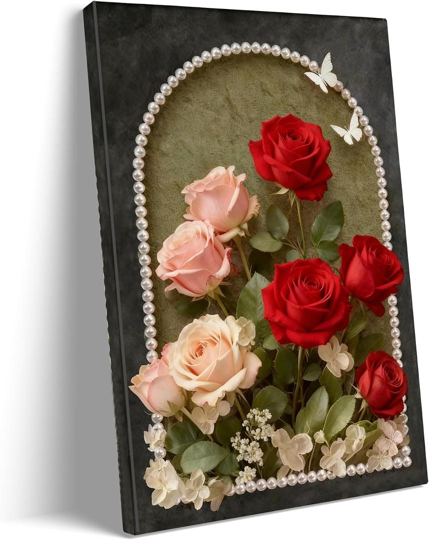 Vintage Pink/Red Rose Floral Canvas Wall Art Dark Arch Pearl Border Poster
Butterfly Painting Prints Dark Moody Aesthetic Flower Picture Wall Decor for Bedroom Living Room Bathroom 16x24 Inch Framed