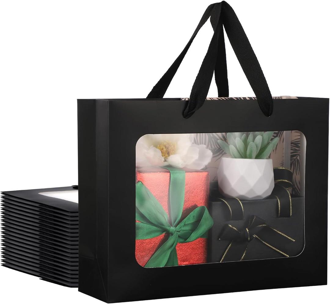 EUSOAR Wedding Gift Bags - 20pcs 10.6"x3.1"x8.3" Black Clear Transparent Paper With Handles - Bouquet Tote Shopping Bags With Window for Wrapping, Festival, Bridal Party