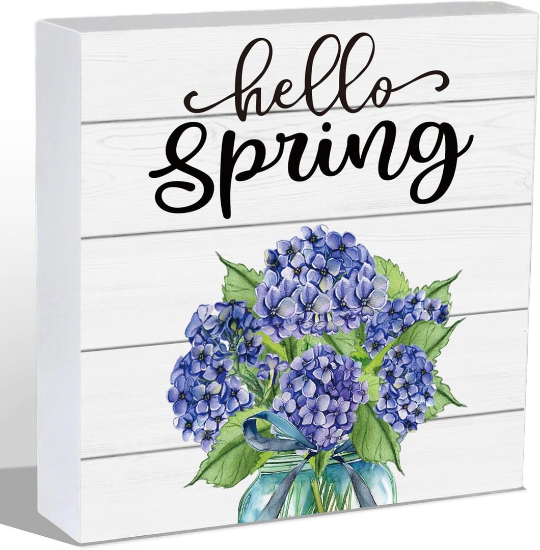 Spring Table Decor Spring Decorations Indoor Hydrangea Home Room Office Bathroom Wood Box Sign Rustic Wooden Shelf Desk Decor Season Sign House Warming Gifts 5.9 x 5.9 Inch