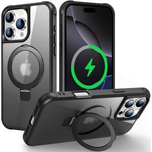 Magnetic Compatible with iPhone 16 Pro Max Case with Stand [Military Grade Drop Tested][Compatible with Magnet] Ring Translucent Slim Hard Back Soft Edge, Black