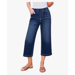 GRAPENT Capri Jeans for Women Wide Leg High Waisted Effortless Flow Pull On Stretchy Denim Elastic Waist Pants with Pockets S