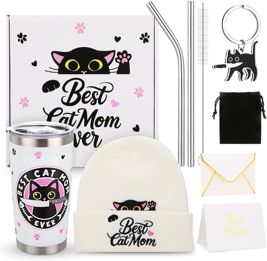 6 Pcs Cat Mom Gifts for Women Include Cute Cat Beanie 20 Oz Tumbler Greeting Cards Keychain Storage Bag Gift box for Birthdays Mother's Day Christmas