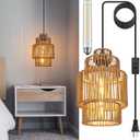 Tebio Plug in Pendant Light with LED Bulb, Boho Hanging Light Fixture with Rattan-Style Shade, 13FT Adjustable Cord and On/Off Switch for Bedroom, Living Room, Kitchen, Easy Installation (Cylinder Layer)