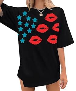 QLIPIN 4th of July Shirts USA Shirts Women American Flag T-Shirt Oversized Patriotic Stars Lips Graphic Tee (Medium, Blue)