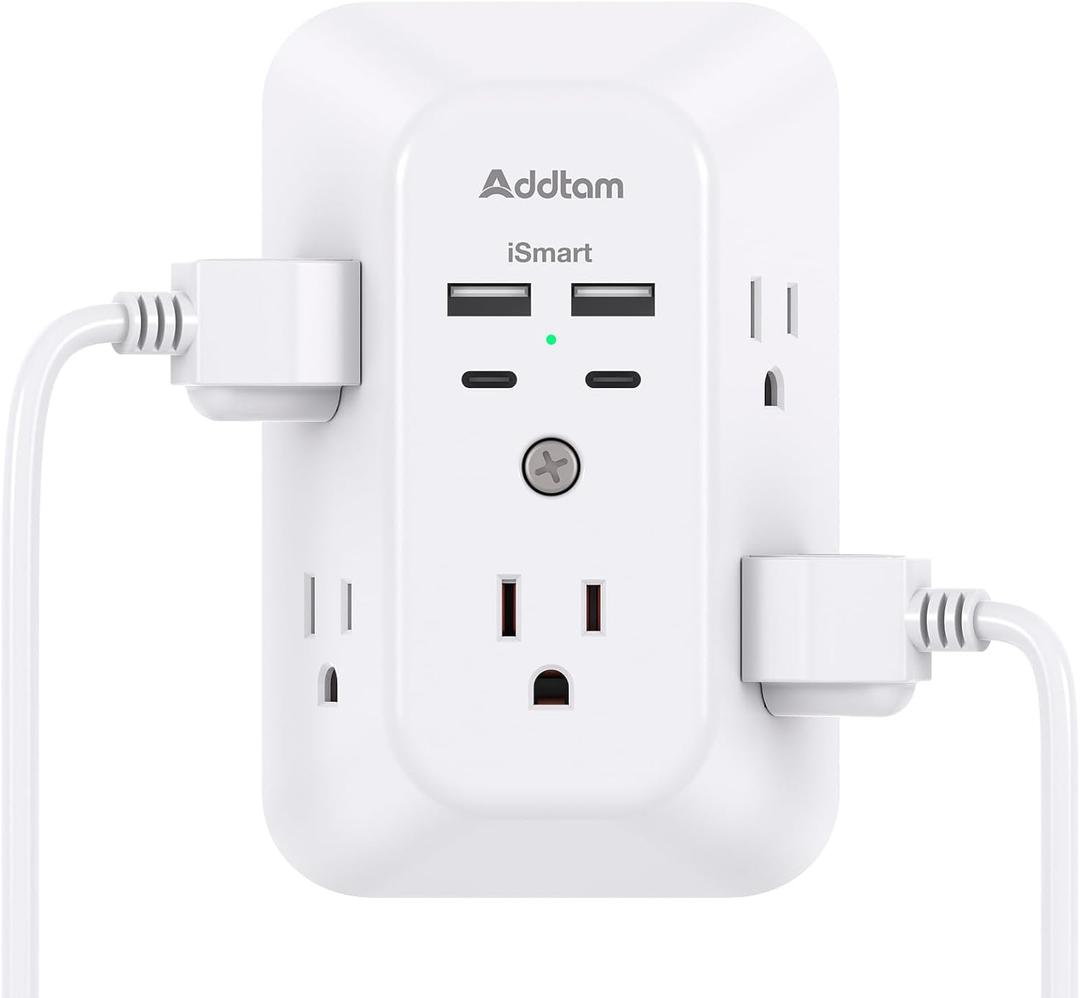 Addtam - Extensor de salida de proteccin contra sobretensiones, divisor de 5 salidas con 4 cargadores de pared USB (2 puertos USB-C), regleta de alimentacin de mltiples enchufes para el hogar,