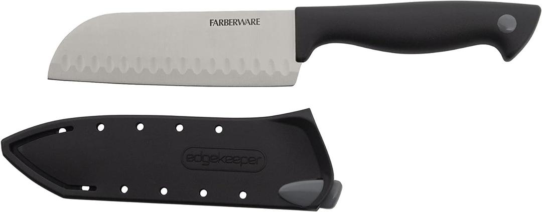 Farberware Edgekeeper 5-Inch Santoku Knife with Self-Sharpening Blade Cover, High Carbon-Stainless Steel Kitchen Knife with Ergonomic Handle, Razor-Sharp Knife, Black