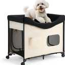 VEVOR Bedside Lounge Pet Bed, Foldable Bunk Dog Bed with 600D Oxford Cloth and Dutch Velvet, Portable Raised Cot with Wheels, Side Storage Bags, and Carry Bag for Cats & Dogs, XL, Beige