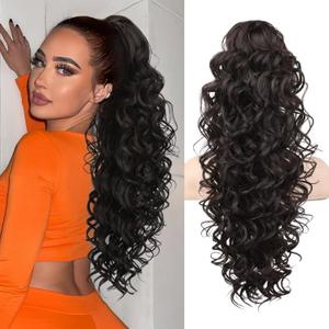 SEIKEA Ponytail Extension, 24" Fluffy Long Wavy Curly Claw Clip Hair Extensions Ponytail Multi-layered Clip in Fake Pony Tails Natural Soft Synthetic Hairpiece Black Brown