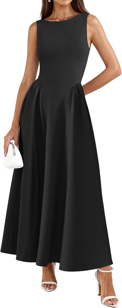 PRETTYGARDEN Summer Sleeveless Maxi Dresses for Women 2025 Elegant Classy A Line Tank Formal Midi Long Wedding Guest Dress(Black, Medium)