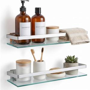 Ripeng 2 Pieces Bathroom Glass Floating Glass Corner Shelf Aluminum Tempered Wall Shelves Rectangular Rustproof Wall Mounted Storage Organizer for Toilet Shower, Silver, 15.75 x 4.72 inches