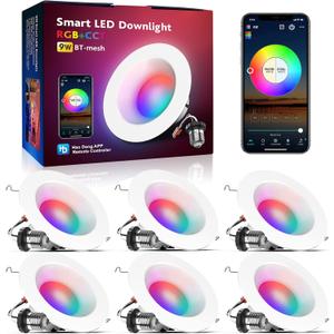 Smart Recessed Light 6 Inch, APP Control, Dimmable, RGBCW, Cool to Warm White, 2700K~6500K, CRI80+, Color Changing Retrofit LED Can Light, Bluetooth Mesh Smart Home Lighting, 6Pack