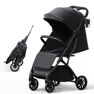 Lightweight Baby Travel Stroller, Compact Toddler Strollers w Telescoping Handle, Cup Holder & Storage Pocket, One-Hand Quick Fold, Near Flat Recline Seat, TR18, Black