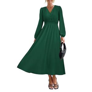 PRETTYGARDEN Womens Long Sleeve Maxi Dress 2025 Fall Trendy Elegant V Neck Flowy Wedding Guest Holiday Formal Long Dresses (Dark Green, Medium)