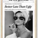 iHery Natural OAK Wood Audrey Hepburn Newspaper Trendy Framed Wall Art, 12x16 in Vintage Headline Canvas Bedroom Wall Decor, Better Late Than Ugly,Set of 1 Bathroom Print Apartment Girly Dorm Room