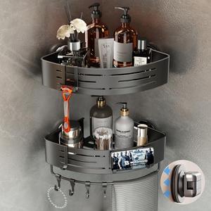 Voldra Corner Shower Caddy Suction Cup, 2 Pack Corner Shower Shelves No Drilling, Aluminum Upgrade Suction Cup Shower Organizer with Towel Bar & Hooks Removable Bathroom Storage Rack(Gray)