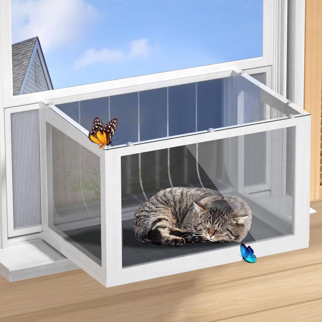 Cat Window Box Catio, Outdoor Indoor Cat Enclosure with Clear Panels, Mesh Sides & PVC Curtain, Universal Window Perch for Windows 25"43", Window Catio for Sunbathing, Napping & Overlooking,Grey
