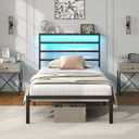 Twin Classic Metal Platform Bed Frame,Twin Bed with LED Lights Headboard and Footboard Heavy Duty Steel Slats Support Metal Bed Frame with Charging Station, Black 