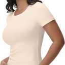 Womens T Shirts Basic Short Sleeve Crew Neck Slim Fit Tees Summer Workout Casual Bodycon Tops 2025 (Beige, L)