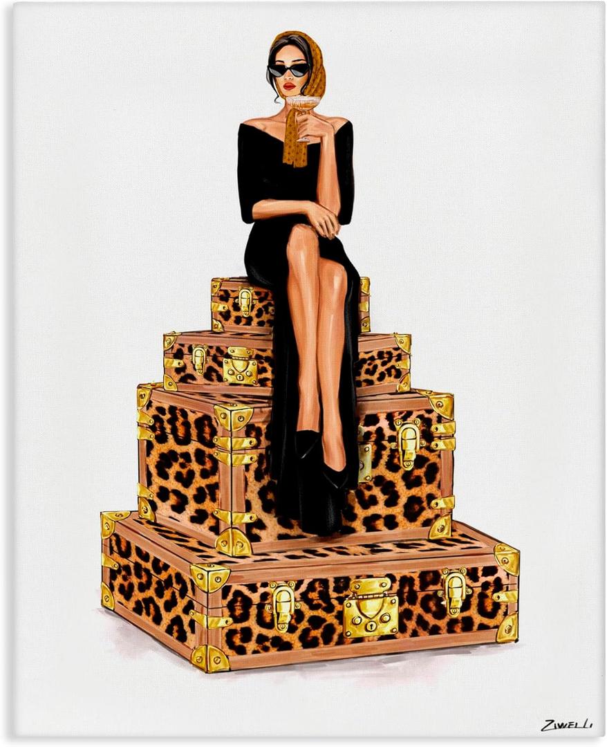 Stupell Industries Stylish Gal and Suitcases Canvas Wall Art design by Ziwei Li, 20 x 16 (Gold)