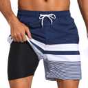SILKWORLD Mens Swim Trunks with Compression Liner 2 in 1 Quick Dry Bathing Suit Beach Shorts with Zipper Pockets Large, Dark Navy&white Stripes