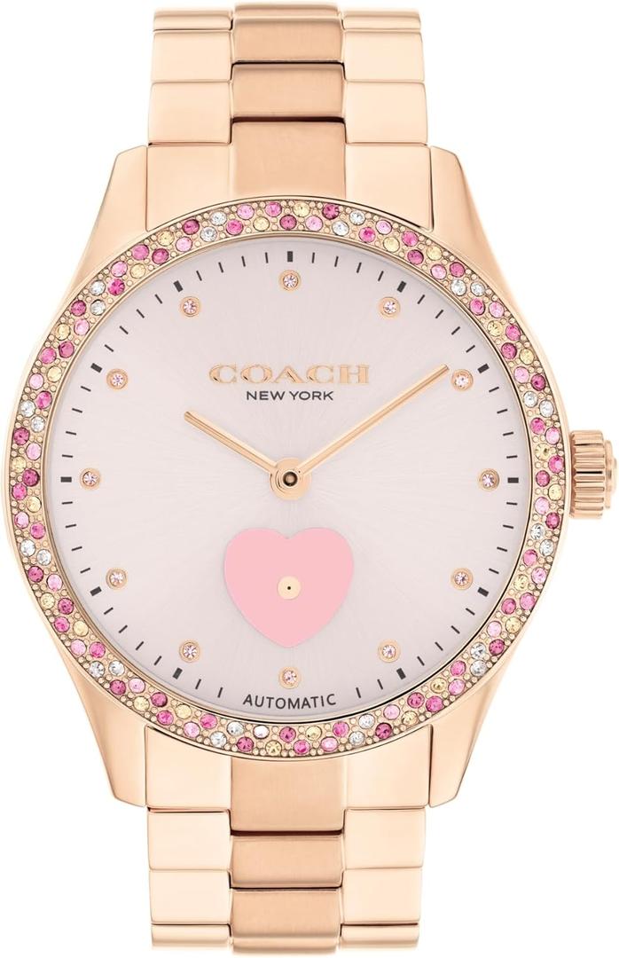 COACH Brooks Women's Automatic Watch - 38mm Stainless Steel Bracelet with Crystal-Set Bezel - Self-Winding - Premium Everyday Fashion - Gift for Her (Rose Gold-Pink Heart)
