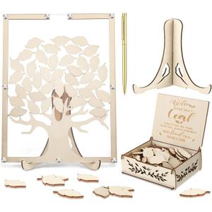 Tenceur 64 Pcs Wedding Guest Book Alternative 10'' x 13" Wooden Picture Frame with 60 Wooden Leaves 1 Box 1 Pen Rustic Wedding Decoration for Guest Sign Anniversary Baby Shower Birthday Party