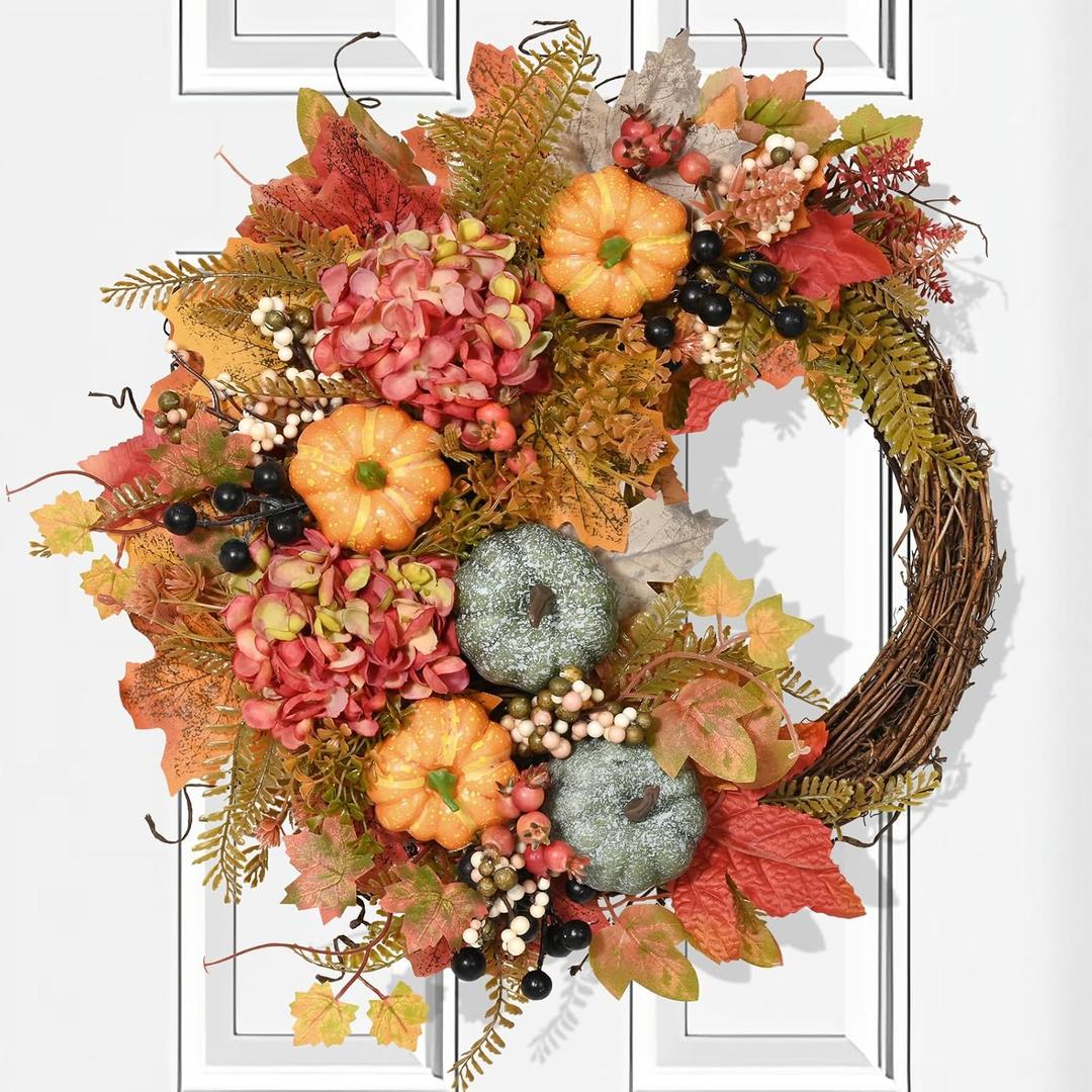 20 Inch Fall Wreaths for Front Door - Half-Circle Autumn Wreath, Porch Wall Window Home Decor - Thanksgiving Farmhouse Style (1 Pcs)