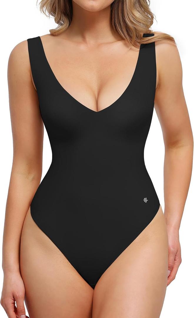 Popilush Body Suits for Women - Going Out Tank Tops - Plunge Deep V Neck Backless Sleeveless Tummy Control Shapewear Bodysuit (Black, L)