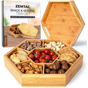Snack and Serving Tray Set 13" Divided Bamboo Appetizer Platter for Dry Fruit, Nuts, Cheese and Charcuterie (Bamboo, 13"x11")