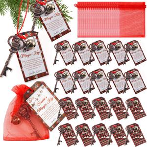 20 Set Christmas Santa Key Ornament for No Chimney Houses Vintage Metal Skeleton Charm Santas Magic Key with Santa Claus Card and Red Organza Bags for Christmas Tree Party Decoration