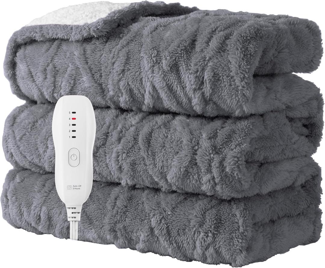 Heated Blanket-Electric Blanket, 50"x60" Soft Heated Throw Blanket with 5 Heating Levels & 3 Hours auto-Off, Over-Heat Protection Fast-Heating, Machine Washable,Grey）