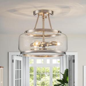 Brushed Nickel Semi Flush Mount Ceiling Light Fixture 3 Light,11.8 Inch Small Drum Modern Glass Ceiling Light Fixtures for Bedroom,Entryway,Hallway,Kithcen,Dining Room,Bathroom