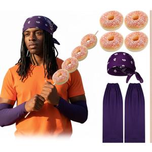 Aliceset 4 Pcs Halloween Costume Set Include Bandanas Sleeves Donut Props Wooden Stick for Adult Halloween Cosplay Party Dark Purple