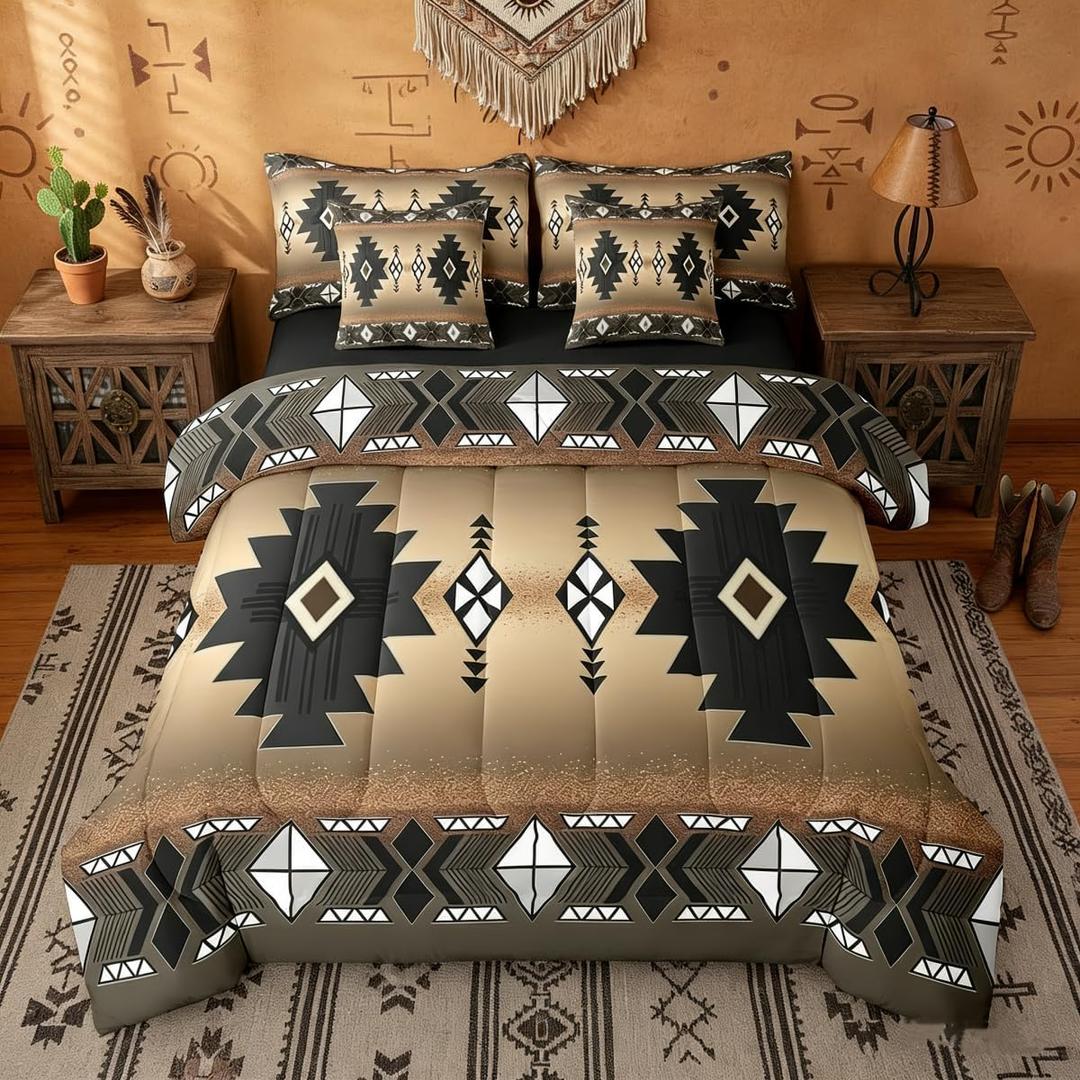 Erosebridal Boys Western Aztec Comforter Set 7 Pcs, Native Tribal Ethnic Bedding Set King Farmhouse Boho Geometric Sheet Sets Southwestern Ethnic American Native Bed in A Bag for Adult, Brown Black