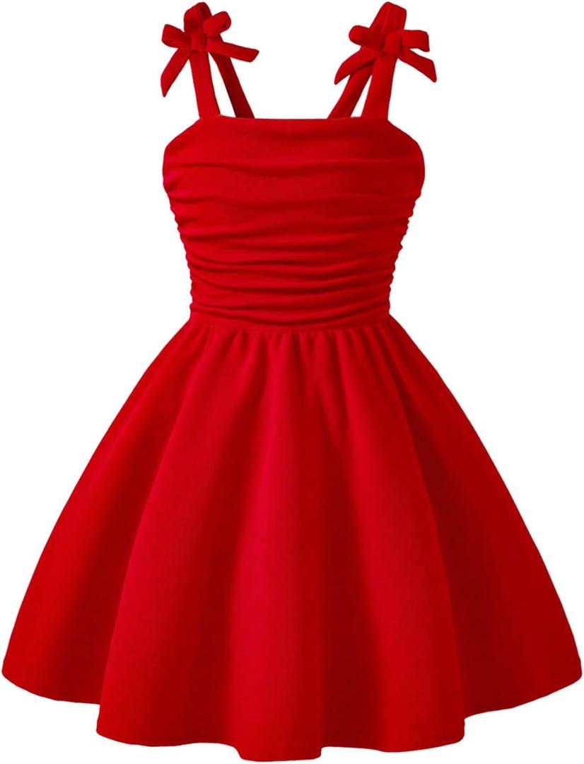 WDIRARA Girl's Bow Sleeveless A Line Mini Dress Ruched Ruffle Swing Cami Dresses Red 11Y