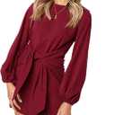PRETTYGARDEN Womens Spring Elegant Long Lantern Sleeve Short Dress Wedding Guest Crewneck Tie Waist Knit Cocktail Dresses (Wine Red, Large)