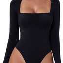 QINSEN Women's Sexy Square Neck Bodysuit Long Sleeve Double Lined Shirt Tops, Medium