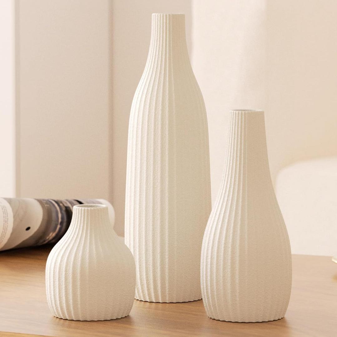 Decorative Flower Vase Set of 3 - Modern Boho Style White Vases, Ribbed Textures Ceramic Vase for Home Decor Shelf Bookshelf Mantle TV Stand Entryway Console, Dining Table Centerpiece Decor