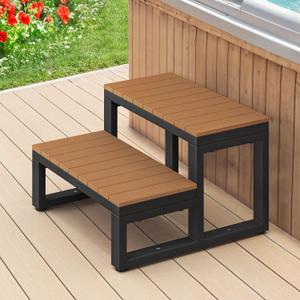 LUE BONA Hot Tub Steps, Outdoor 2-Step Stool with HDPS Treads and Aluminum Frame, Non-Slip Multi Purpose Stairs for Straight Sided Spa, Swimming Pool, Porch, RV, Deck, Kitchen for Adults, Teak Brown